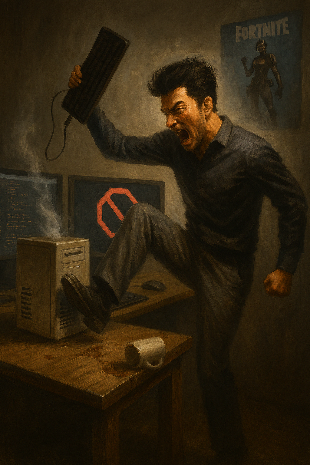 Frustrated coder kicking computer and knocking over coffee cup